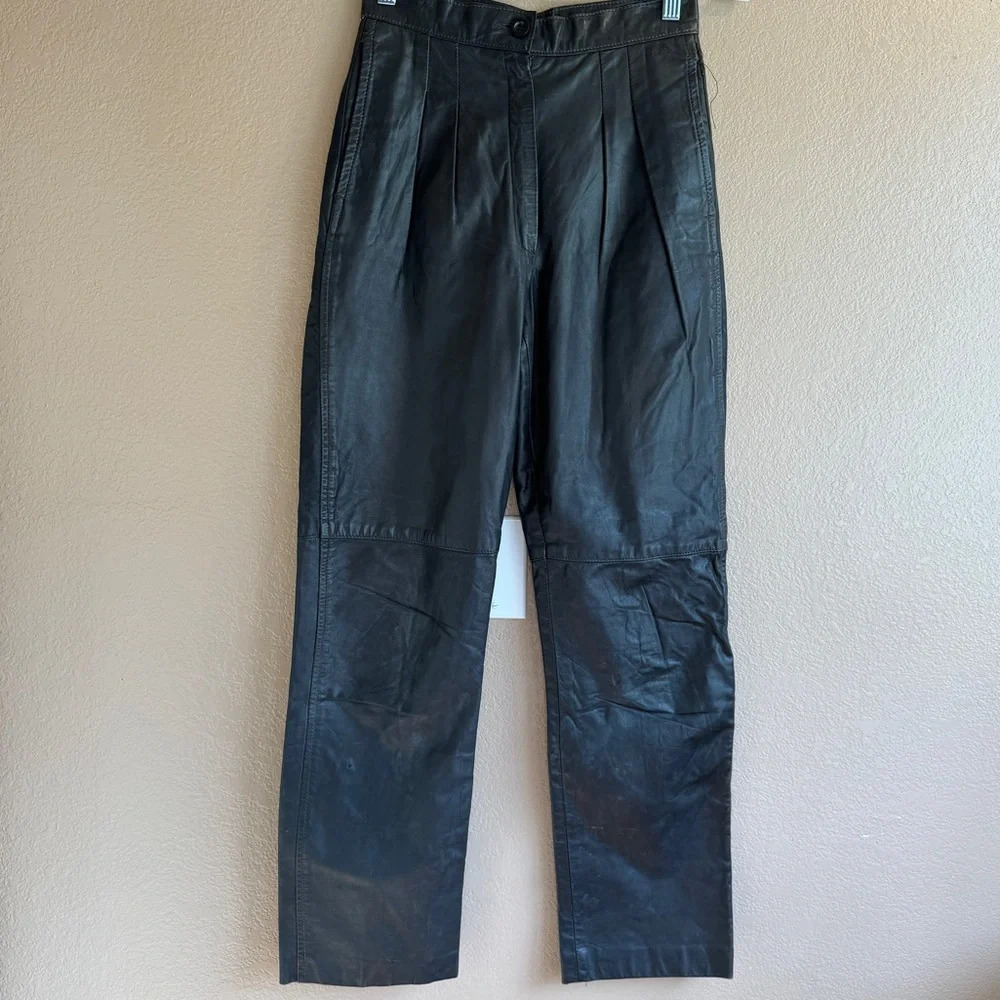 Vintage 1980s 1990s High Rise Double Knee Black Leather Straight Leg Pants K